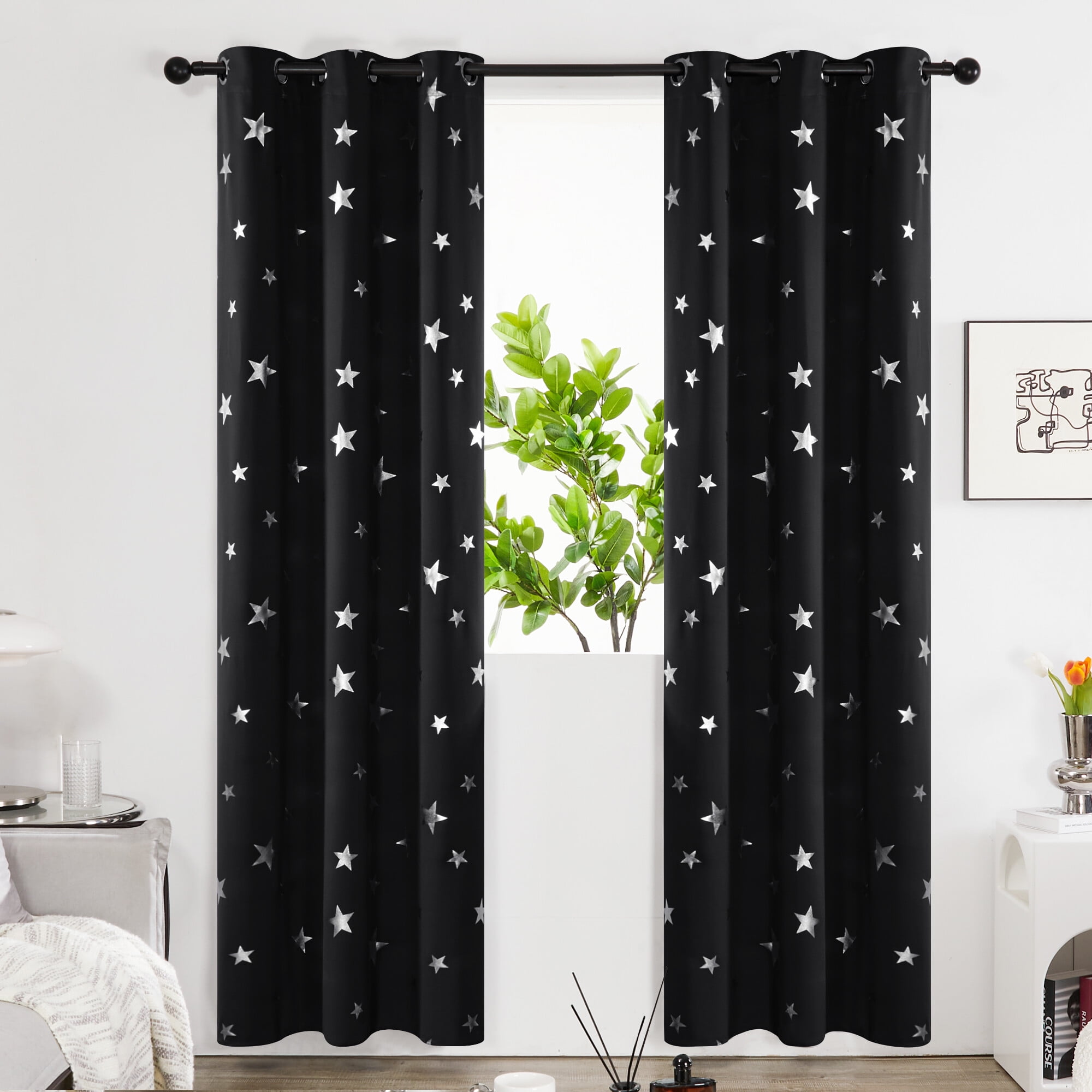 Deconovo Black Thermal Insulated Blackout Curtains with Silver Star