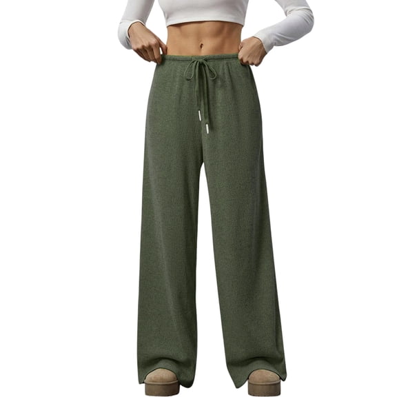 Women'S Wide Leg Ribbed Knit Pants Drawstring Waist Low Rise Casual Long Trousers Green XXL