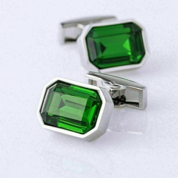 Lab-Created Green Emerald 4Ct Emerald Cut Bezel Set Men's Cufflinks 14K White Gold Plated Silver