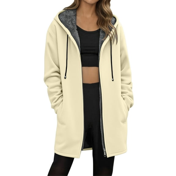 KKBOTIVE Womens Long Hoodies Zip Up Fleece Lined Jackets 2025 Winter Fashion Jacket Soft Tunic Sweatshirts Warm Long Coats Beige Size: M