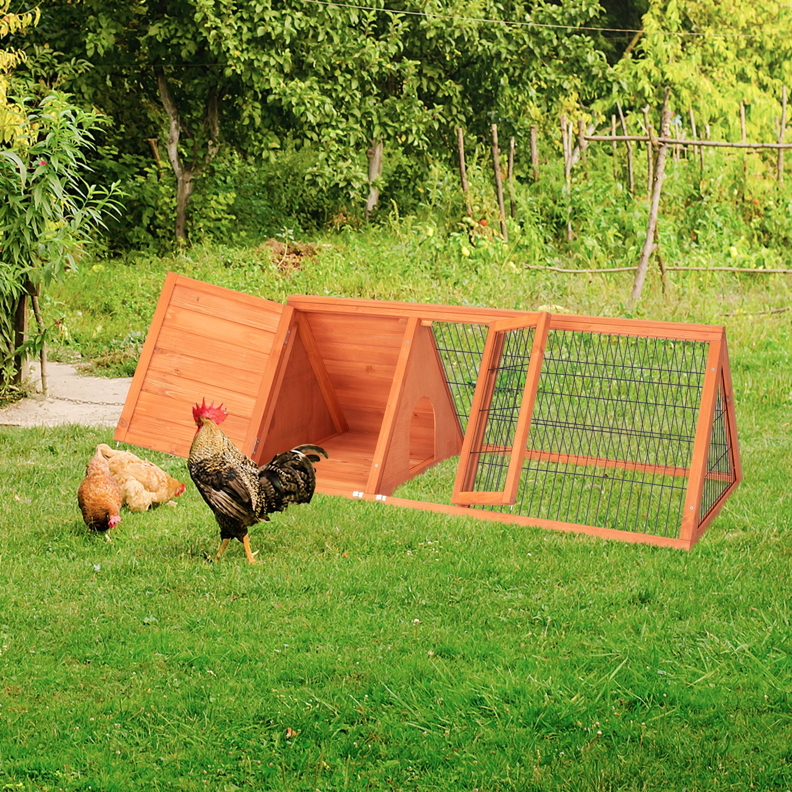 Triangular Fir Wood Small Animal Rabbit Hutch, Divided Sleeping & Running Area Dual Door Guinea Pig Ferret Outdoor Garden Pet House
