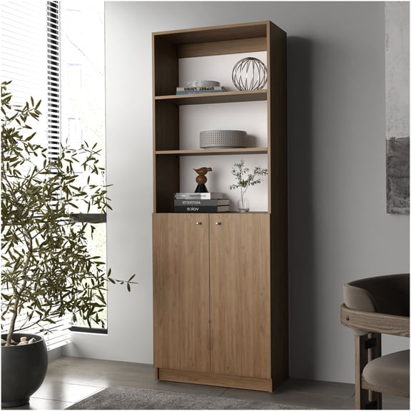 Beyerville Modern Bookcase with 2 Doors and Open Storage, Dark Brown Oak Finish