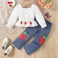 thumbnail image 2 of Mercatoo Girls Fall Strawberry Print Ruffle Long Sleeve Shirt Denim Pants 2Pcs Set Toddler Girls Winter Casual Outfits, 2 of 9