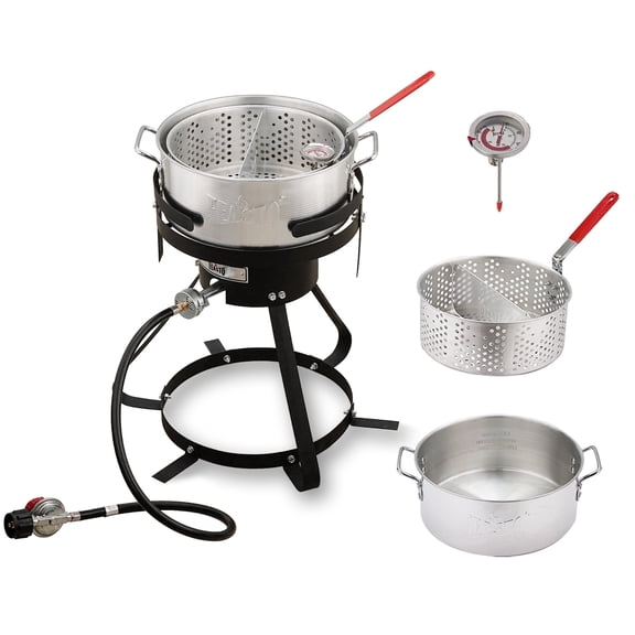 Feasto 10 Qt Aluminum Outdoor Propane Gas Fish Fryer Pot Kit with Strainer Basket, 50,000 BTU Burner, Adjustable 0-5 PSI Regulator, Perfect for Boiling and Frying