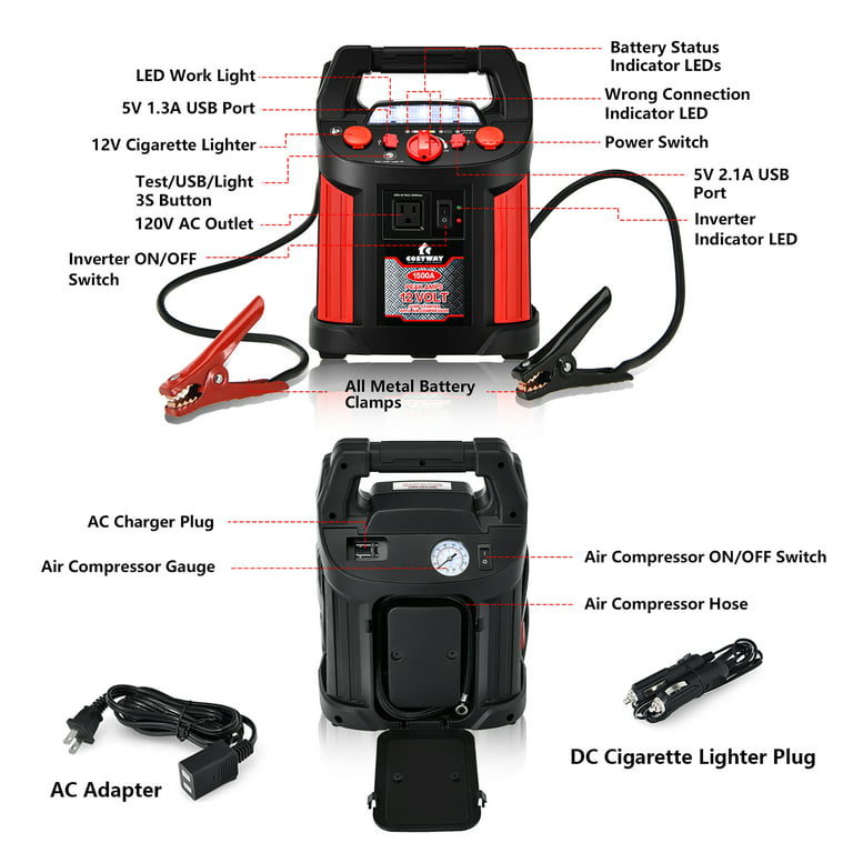 Costway Jump Starter 1500A peak Air Compressor Power Bank Charger w/ LED  Light & DC Outlet