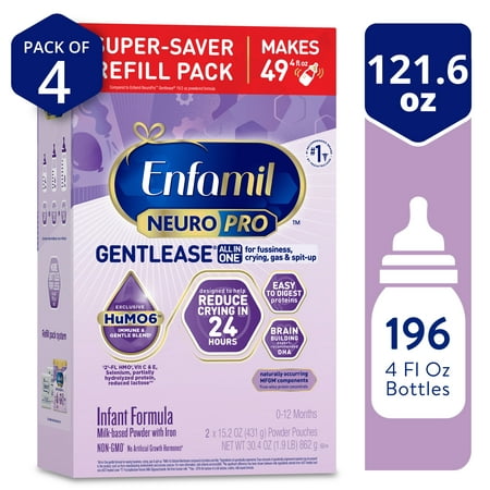 Enfamil NeuroPro Gentlease Baby Formula, Infant Formula Nutrition, Brain Support that has DHA, HuMO6 Immune Blend, Designed to Reduce Fussiness, Crying, Gas & Spit-up in 24 Hrs, 30.4 Oz, 4 Boxes