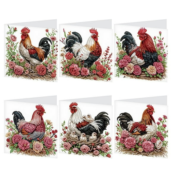 6pcs Diamond Painting Kit Greeting Card, Rooster 5D DIY Diamond Handmade Holiday Greeting Card with Envelope, Christmas Gift Congratulation