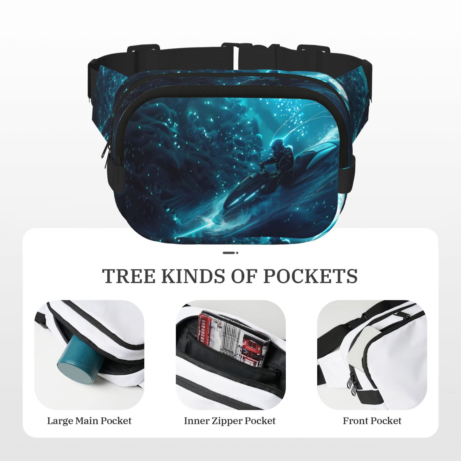 Picia Futuristic Jet Ski Adventure Print Square Double-Layer Waist Bag Mini Adjustable Waist Belt Bag Exercise Running Travel Hiking