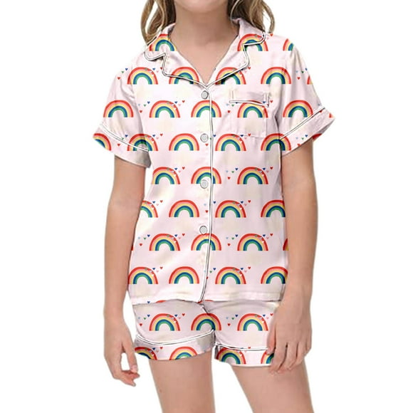Kids Kid Christmas Pajamas Set Printed Silk Pjs Short Sleeve 2 Piece Sleepwear Button-Down Christmas Outfit Girls Pajamas Size 8-9 Years