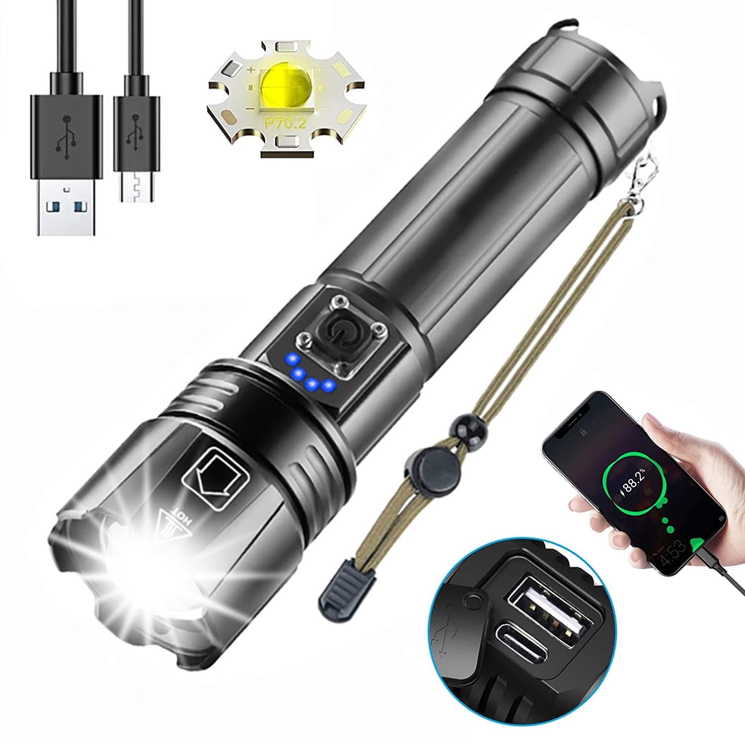 Zacro 100000 High Lumens Rechargeable LED Flashlight, 5 Modes Super Bright LED Tactical Flashlight Waterproof Zoomable Flashlight with Battery for Emergencies, Camping, Outdoor Sport