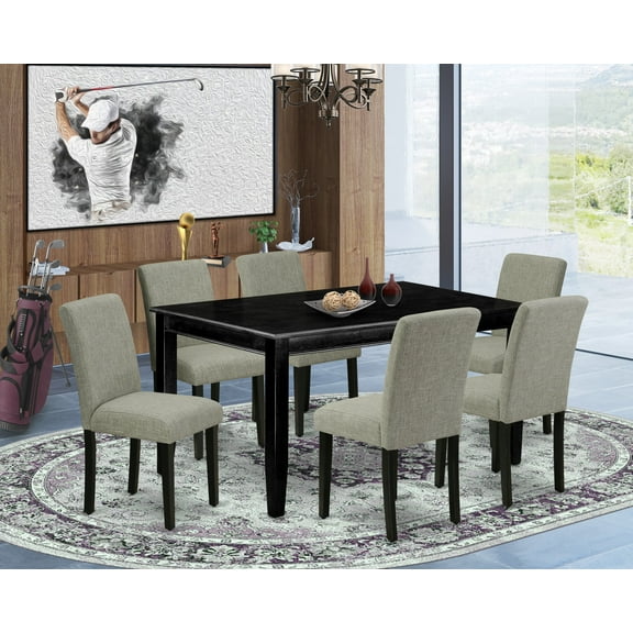 DUAB7-BLK-06 7Pc Rectangular 60 Inch Dining Table And Six Parson Chair With Black Leg And Linen Fabric Shitake
