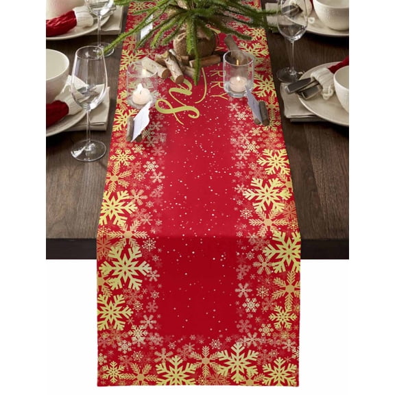 Merry Christmas Cotton Linen Table Runner for Dining Kitchen, Winter Snowflake Xmas Aesthetic Red Wedding Outdoor Party Tablerunners Decoration, Dresser Scarf Coffee Tablecloth Runners 13x120 Inches