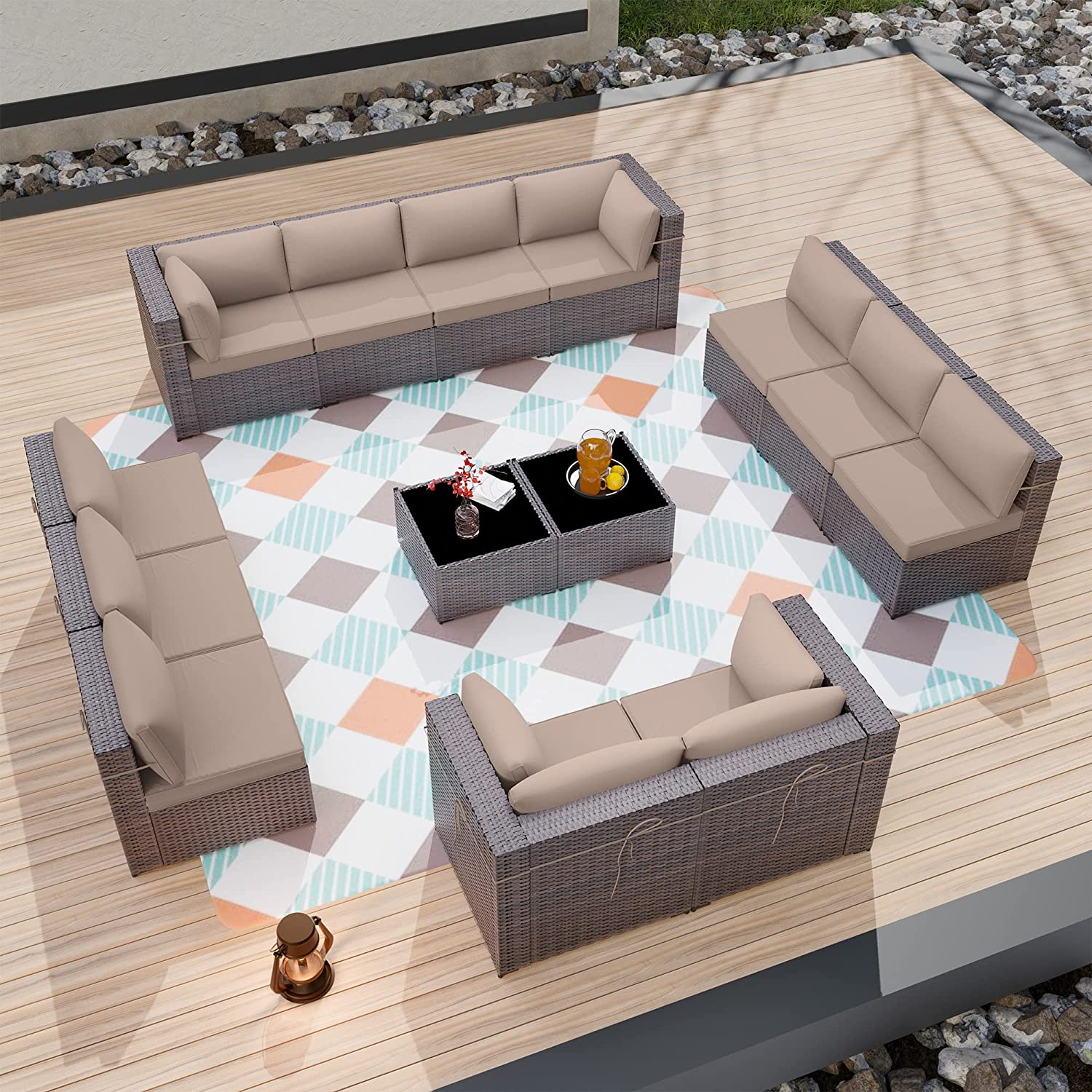 Gotland Outdoor Patio Furniture Set 14 Pieces Sectional Rattan Sofa Set PE Rattan Wicker Patio Conversation Set with Seat Cushions and Tempered Glass Table,Sand