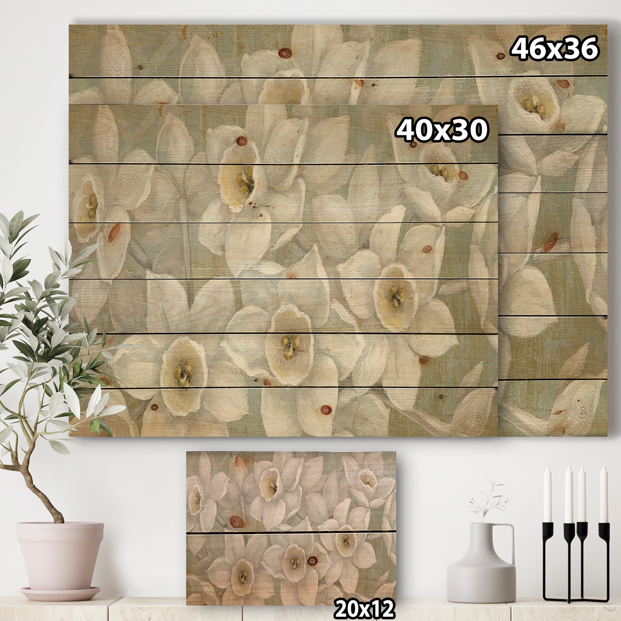 Designart 'Pure White Pastel Flowers' Farmhouse Print on Natural Pine Wood