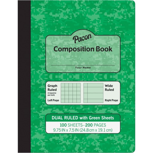Pacon Dual Ruled Composition Book Plain - Quad Ruled, Wide Ruled - 9.8' x 7.5'0.5' - Green Cover - 24 / Carton