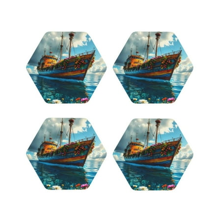 

Tideii Floral Ship On Ocean for Leather Coasters 4 Pieces Anti-fouling and Anti-scalding Decorative Coasters Suitable for Restaurants Kitchens Coffee Shops-Hexagon