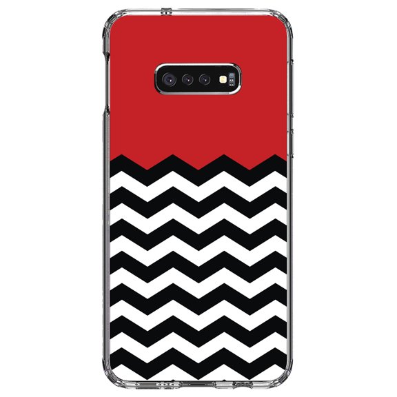 DistinctInk Clear Shockproof Hybrid Case for Samsung Galaxy S10e (5.8" Screen) - TPU Bumper, Acrylic Back, Tempered Glass Screen Protector - Black White Red Chevron - Black & White Stripes Pattern
