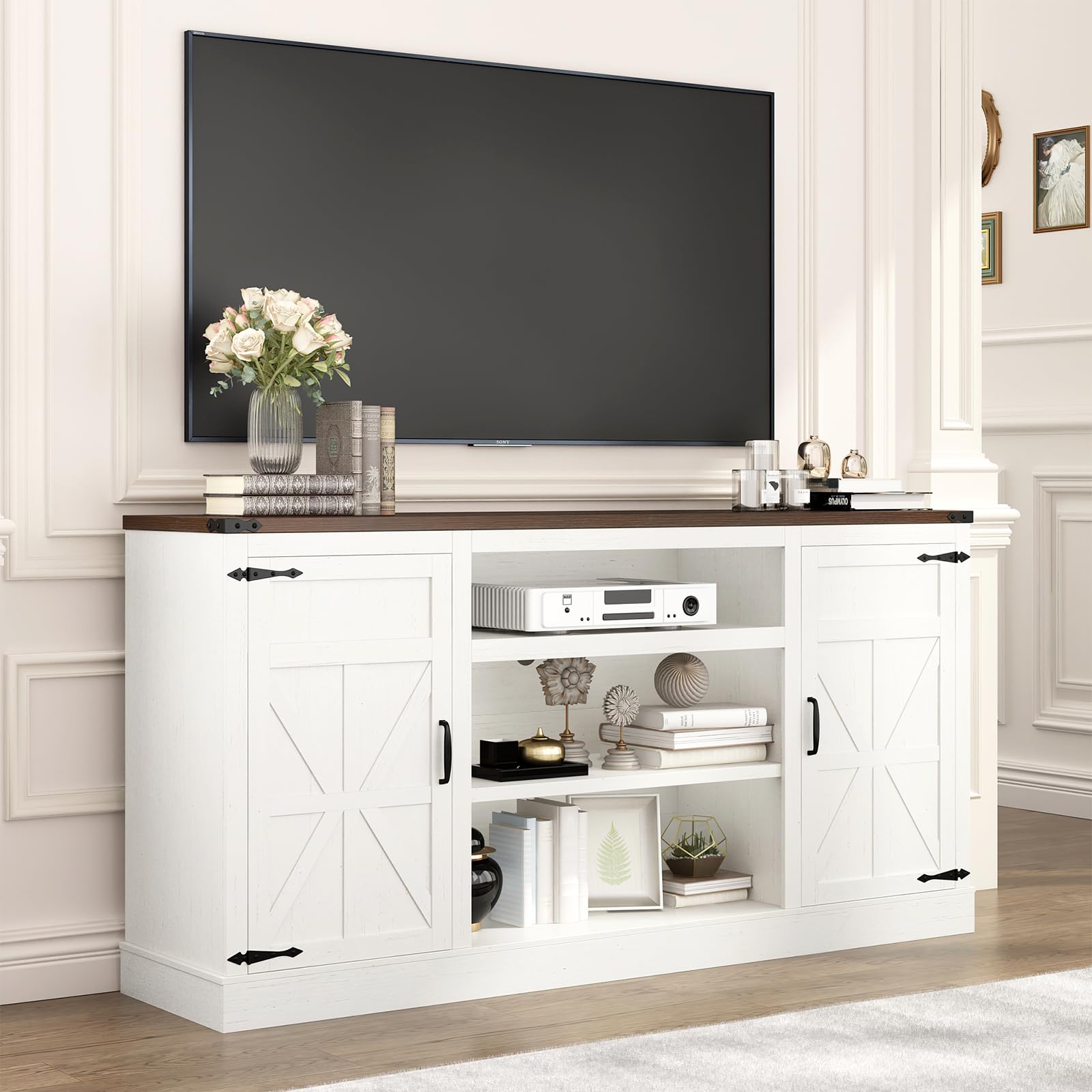 ChVans Farmhouse TV Stand for 65" 70" up 75" TVs with Power Outlet, 33" Tall TV Stand Entertainment Center with Storage, White TV Consoles For Living room Bedroom