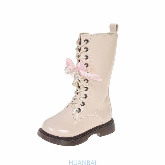 HUANBAI Winter Girls Knee High Boots Leather Boots With Side Zipper Non Sole For Teen Youth Children ,(10-11 Years Beige) Size ,2