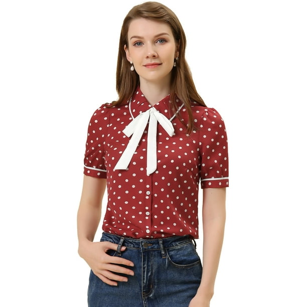 Allegra K Camiseta De Manga Corta Con Cuello Peter Pan Y Lunares Para Mujer borgo?a XS