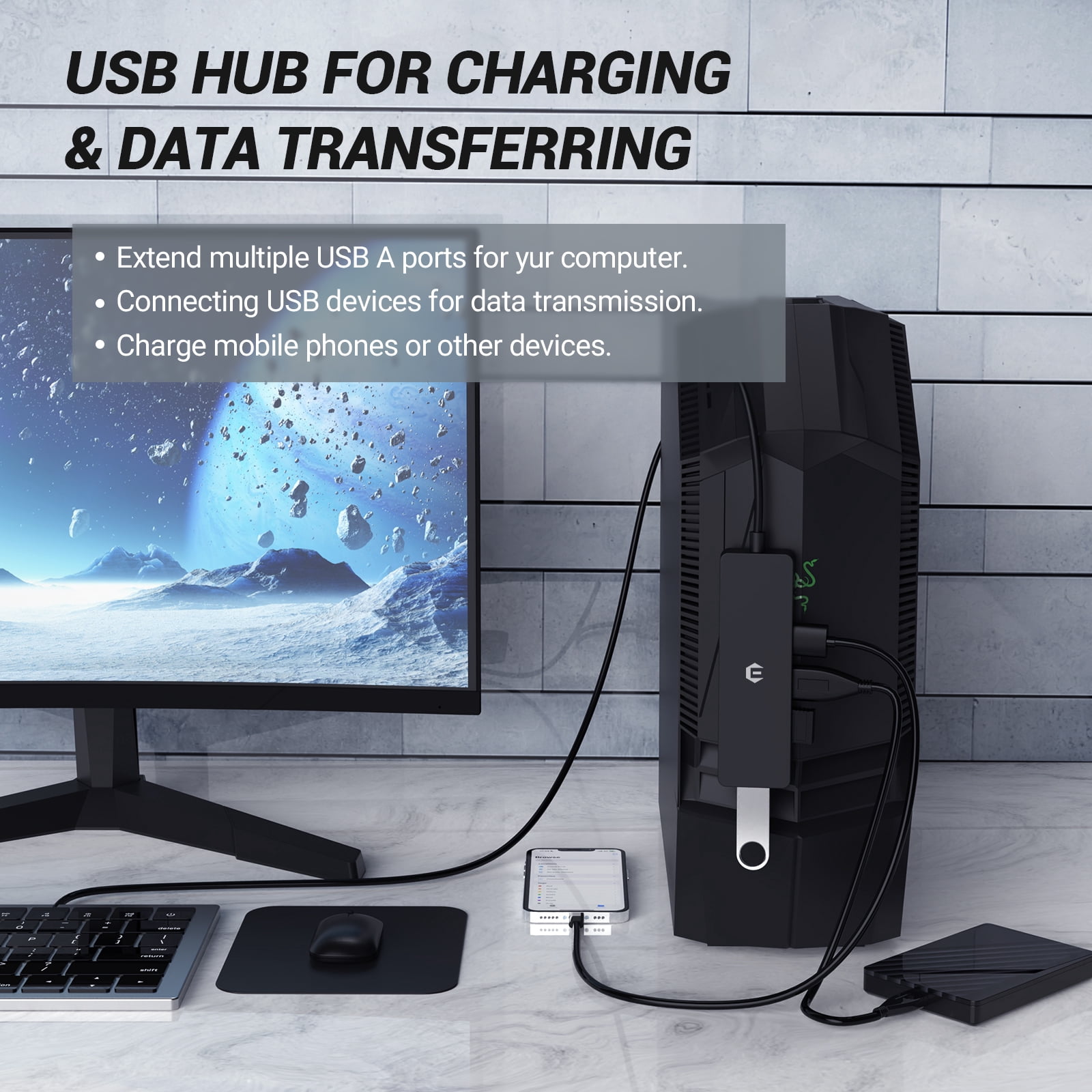 USB Hub, 4-Port USB 3.0 Hub, Ultra-Slim Multi USB Splitter for Laptop, Xbox, Flash Drive, Console, HDD, Printer, Camera, Keyborad, Mouse