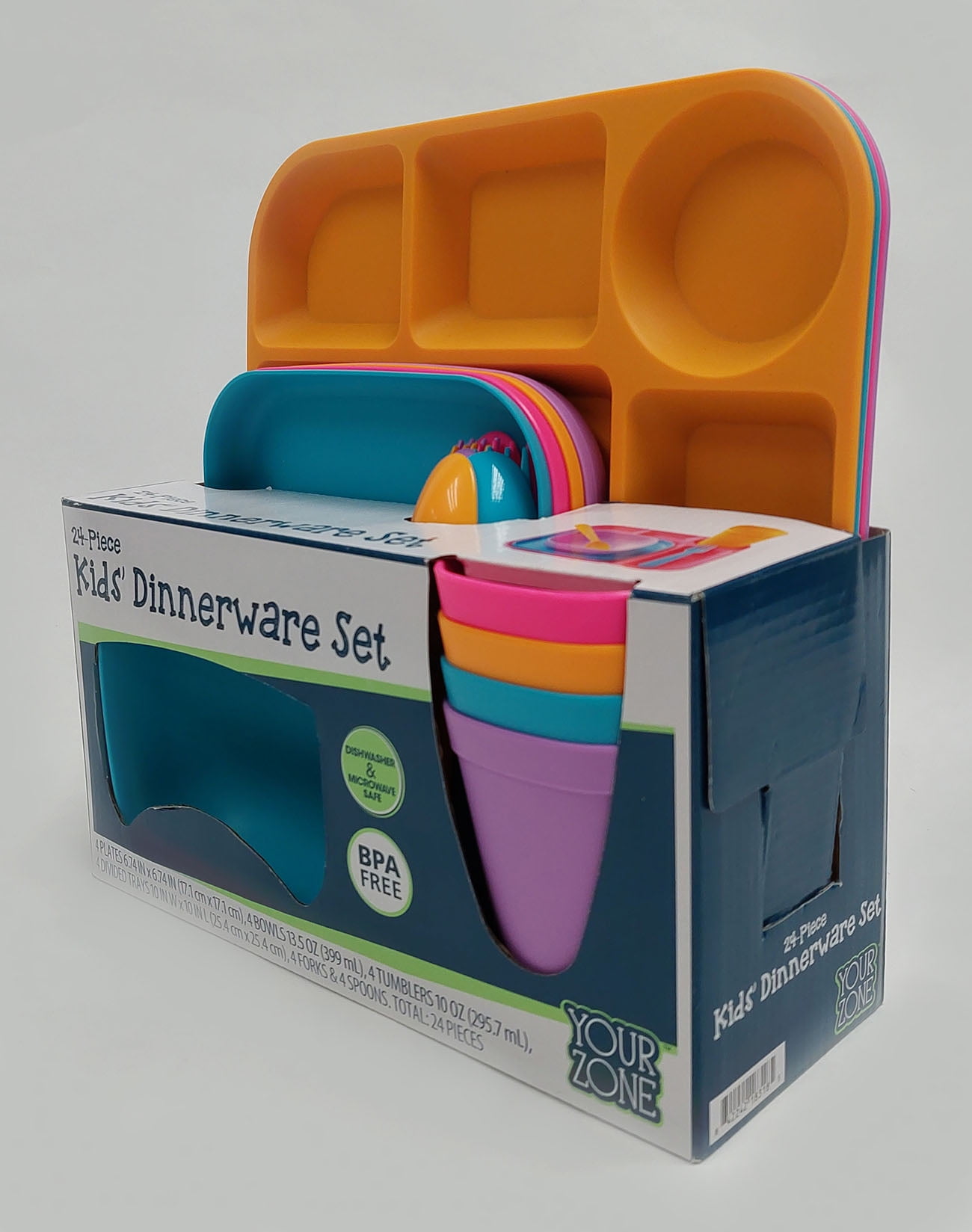 Your Zone 24 Piece Plastic Dinnerware Set for Kids with 4 each Trays, Bowls, Plates, Cups, Forks, Spoons in Bright Pink, Teal, Purple, Orange