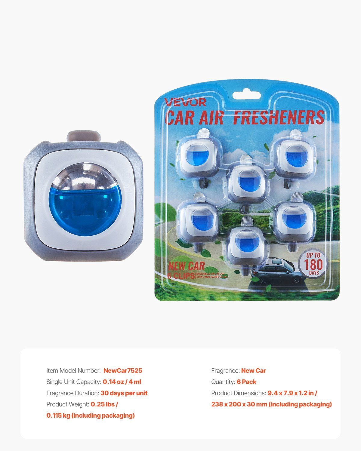 Car Air Freshener 6-Pack, New Car Scent Vent Clips (4ml Each) | Long-Lasting Vent Stick Fragrance for Car