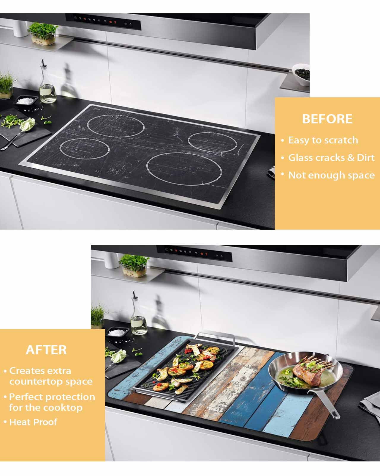nqOlkjepod Large Induction Cooktop Protector Mat 36"x21", Colorful Wooden Stove Top Covers for Electric Stove, Vintage Farmhouse Wood Decorative Stove Burner Cover Mats, Glass Top Stove Cover