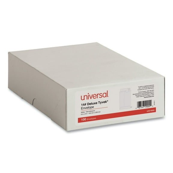 Universal Deluxe Tyvek Envelopes, #1, Cheese Blade Flap, Self-Adhesive Closure, 6 x 9, White, 100/Box -UNV19005