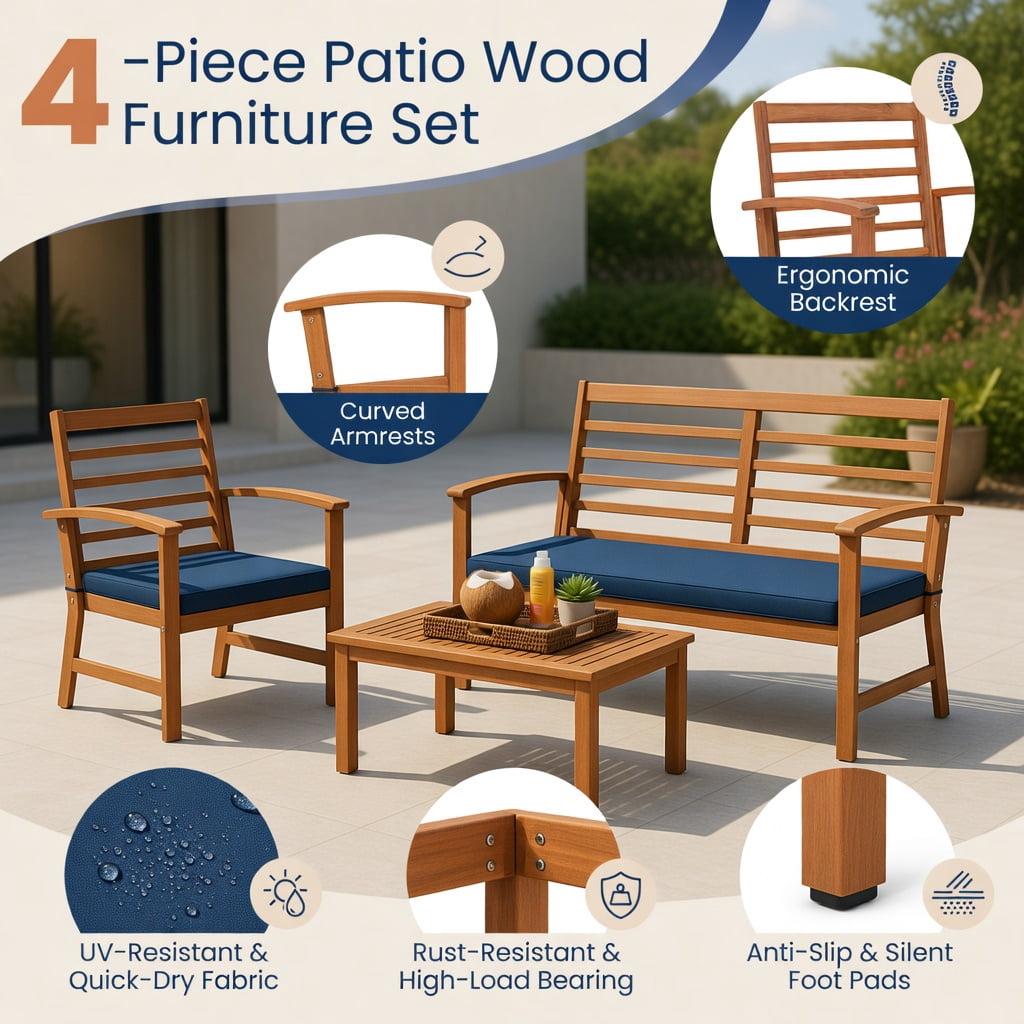 Hommoo 4-Piece Outdoor Patio Furniture Set, Acacia Wood Loveseat, 2 Chairs & Coffee Table with Cushions, Weather-Resistant Backyard Seating, Navy