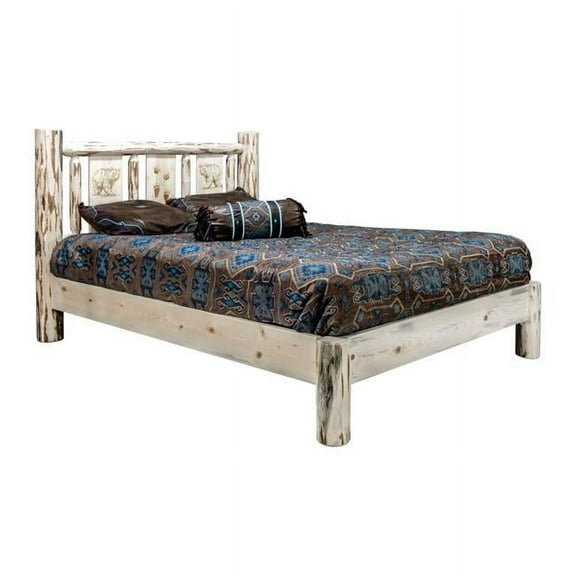 Montana Collection Full Platform Bed w/ Laser Engraved Bear Design, Clear Lacquer Finish