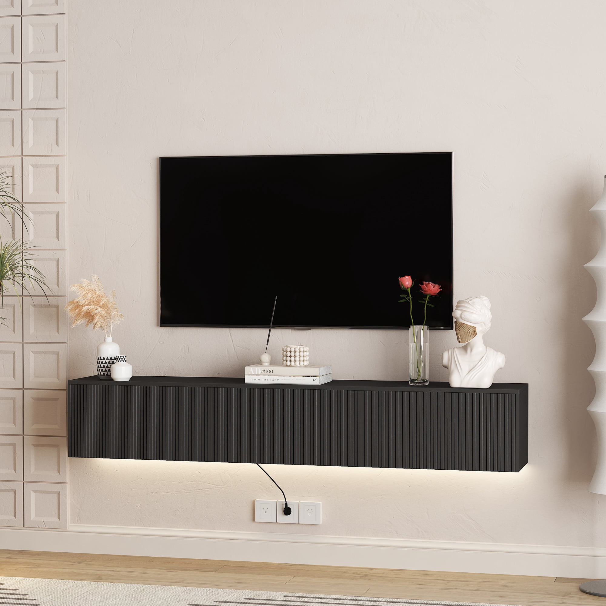 69" Black Floating Wall Mounted TV Stand with 16-Color LED Lights, Modern Entertainment Center for 55/60/65 Inch TVs
