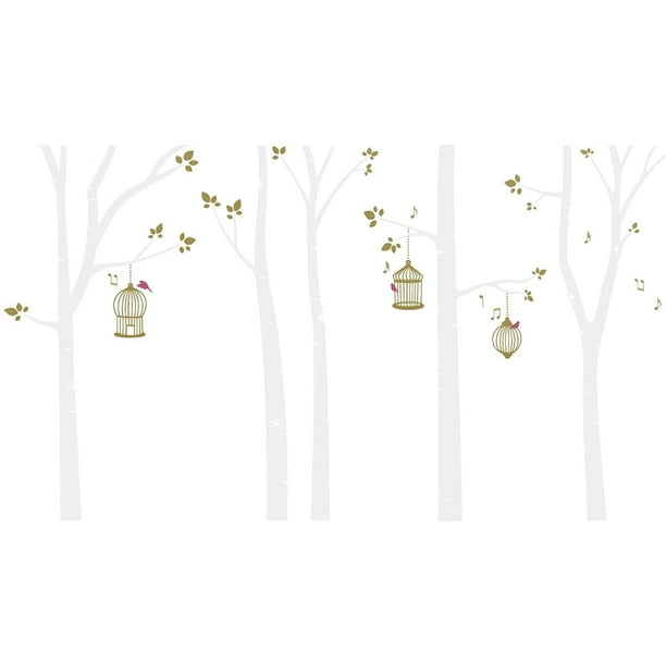 Bird Cages In Birch Trees Wall Decal White Gold Walmart Com Walmart Com
