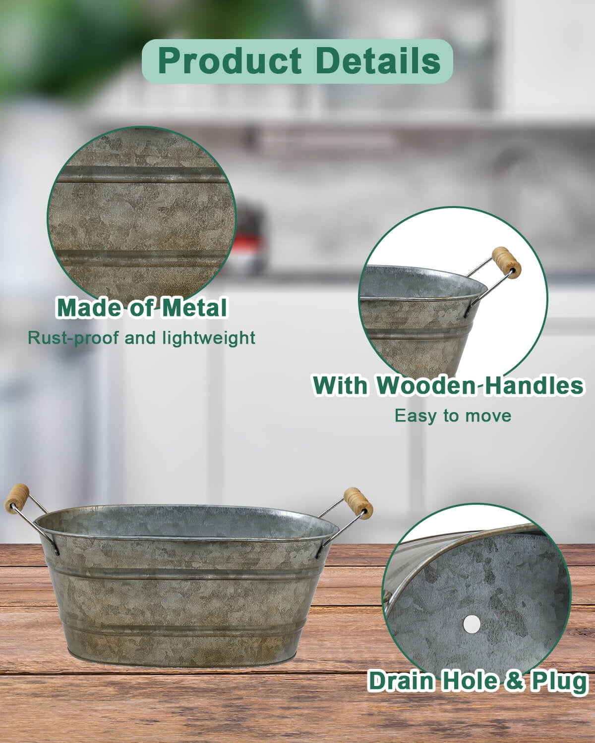Galvanized Oval Planter Tubs for Outdoor Plants - Farmhouse Small Metal Tin Buckets with Drain Hole & Rubber Plug Medium Plant Containers with Handles Vintage Style for Decor, Set of 3