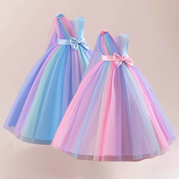 RTKFRFLM Girls Gradient Rainbow Dress with 3D Flower Decoration Long Princess Party Gown for Kids Flower Girl Wedding Birthday Special Occasion Formal Blue 4-5 Years