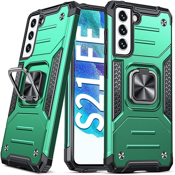 Galaxy S21 FE Case,  Grade Protective Phone Case Cover with Rotatable Metal Ring Kickstand [Support Magnet Mount] Compatible with Samsung Galaxy S21 FE 5G, Dark Green