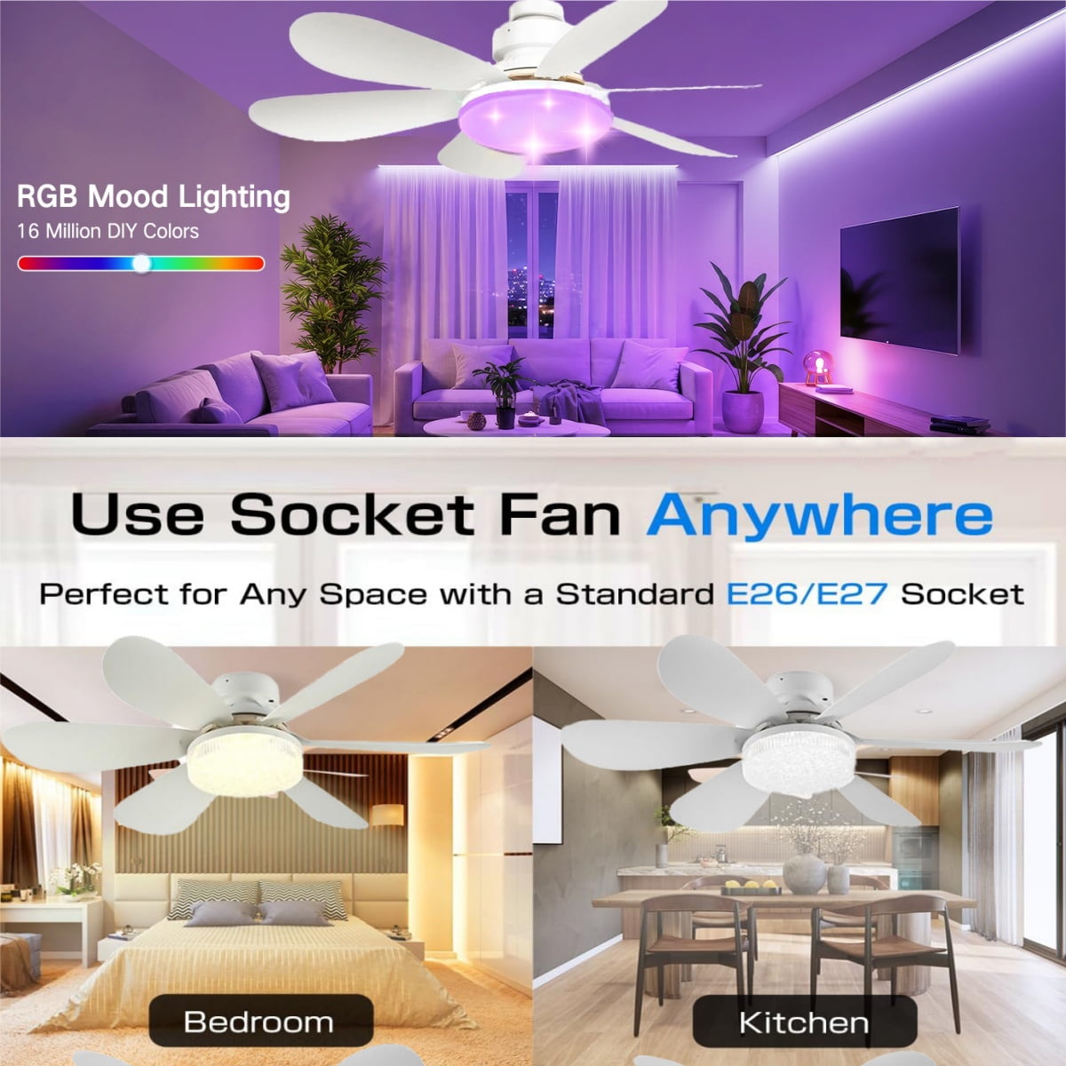 DnxnIaIfy Ceiling Fans with Light, Socket Screw with Remote Control 20.5”ABS Modern Crystal Fan Light, Multi-Color RGB Adjustable Brightness & Color Temperature with Emergency Stop Memory Timer,White