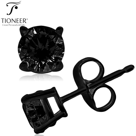 Tioneer 3mm Black Plated Sterling Silver 925 Dark Brilliant Round-Cut Solitaire Style Cubic Zirconia Earring Stud For Men And Women | Includes a Tioneer Marked Jewelry Box