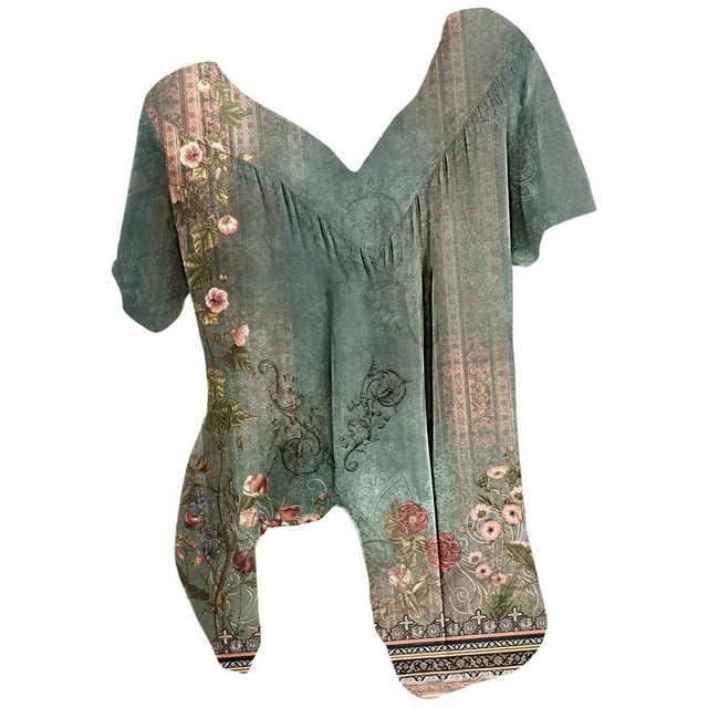Blusas de Manga Corta para las Mujeres con Cuello en V Impreso Suéter Casual Top, Blusas para las Mujeres Casual