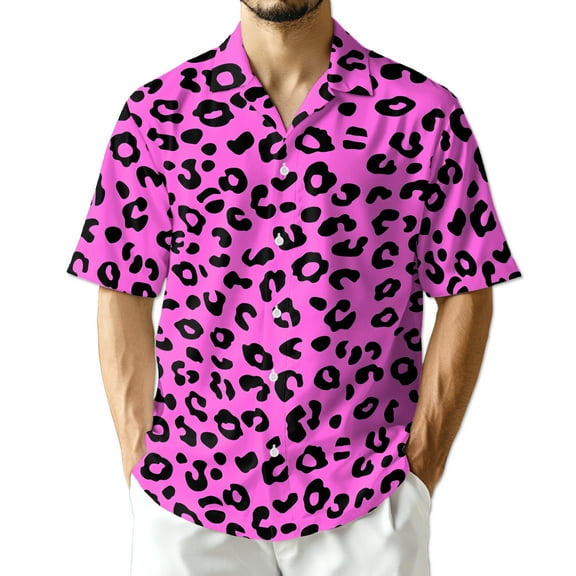 Pink Leopard Print Hawaiian Shirt for Men, Button Down Summer Beach Short Sleeve, Tropical Style, Sizes S-5XL