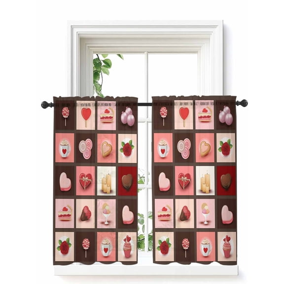 Valentine's Day Tier Curtains 45 Inch Length,Sheer Curtains for Bedroom Living Room Window Love Heart Chocolate Rose Plaid Rod Pocket Drapes Kitchen Curtains Small Half Window 27.5"x45" 2 Panels