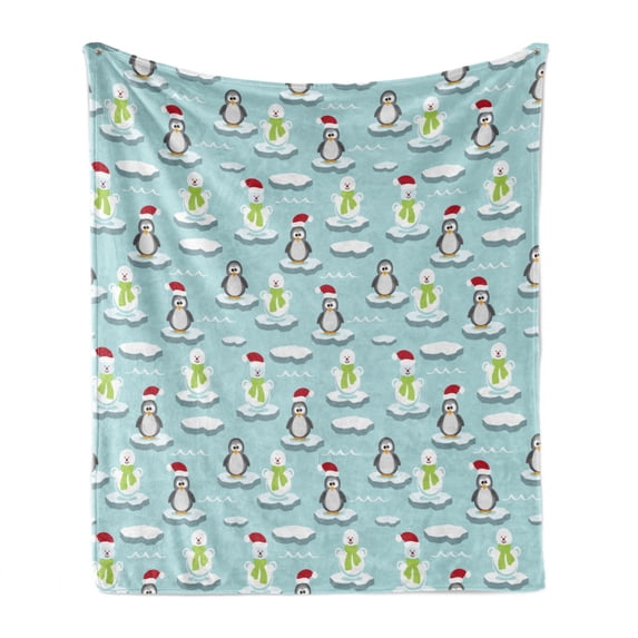 Funny Soft Flannel Fleece Throw Blanket, Penguins and Snowmans on Ice Floes Antarctica Cartoon Caps Scarfs Funny Pattern, Cozy Plush for Indoor and Outdoor Use, 50" x 60", Multicolor, by Ambesonne