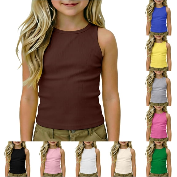 WhouRiu Girls Sleeveless Athletic Tank Tops Kids Solid Color Crew Neck Ribbed Racerback Undershirts Comfortable Cute Dance Workout Tops,9-10 Years