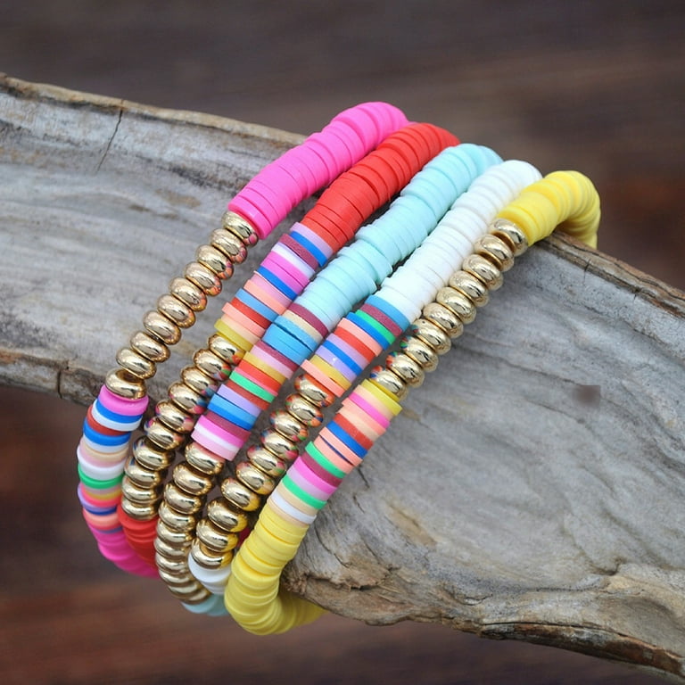 Anvazise 5Pcs Women Fashion Rainbow Polymer Clay String Beads Bracelet Party  Bangle Gift 5 Colors 