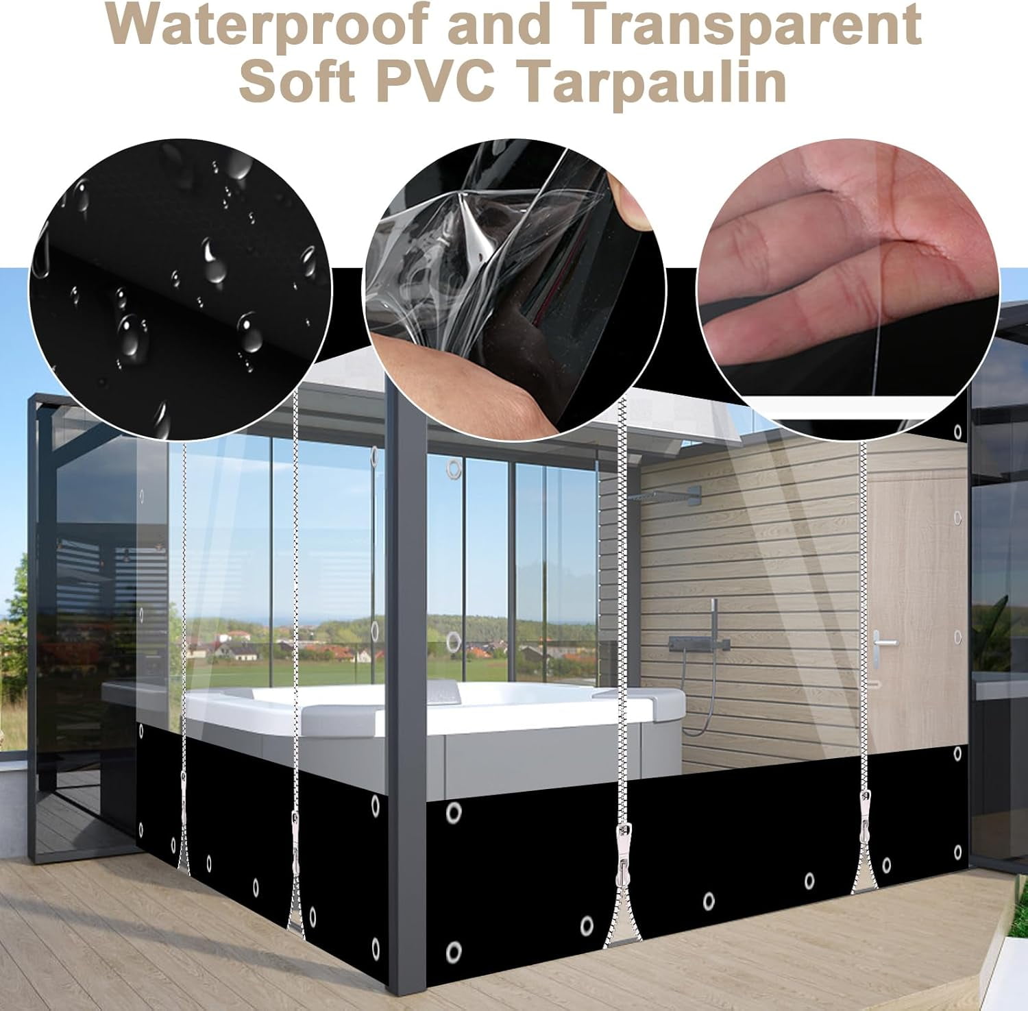TOPCHANCES Clear Vinyl Curtains with Zipper Entry, Heavy Duty Waterproof PVC Clear Tarp with Grommets, Outdoor Clear Panel Curtain for Porch, Pergola, Gazebo, Patio, Enclosure (10'H x 10'W, Black)