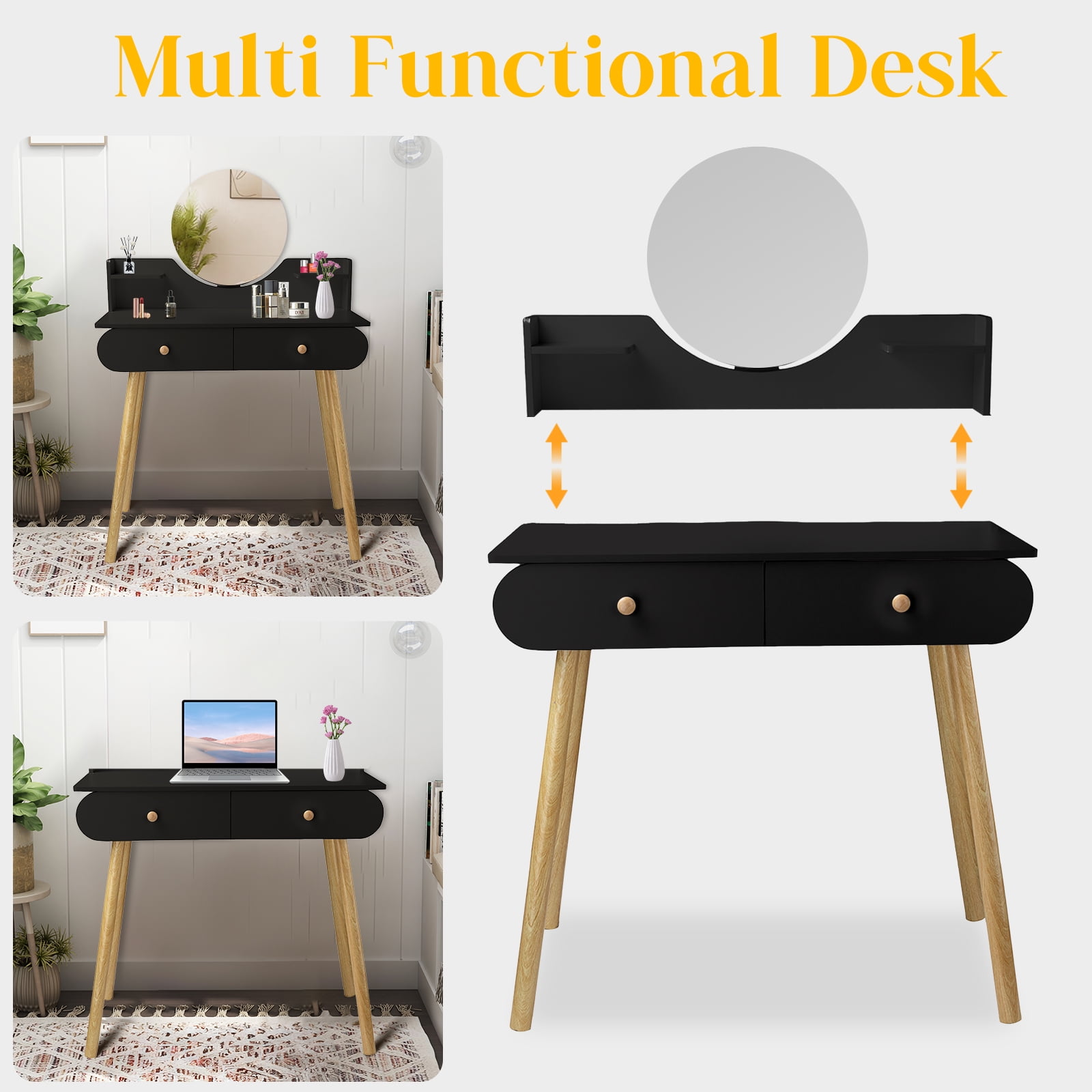 RICHYOUNG Makeup Vanity Table Set with Mirror,Dressing Desk with 2-Drawer for Bedroom(Black,No Stool)