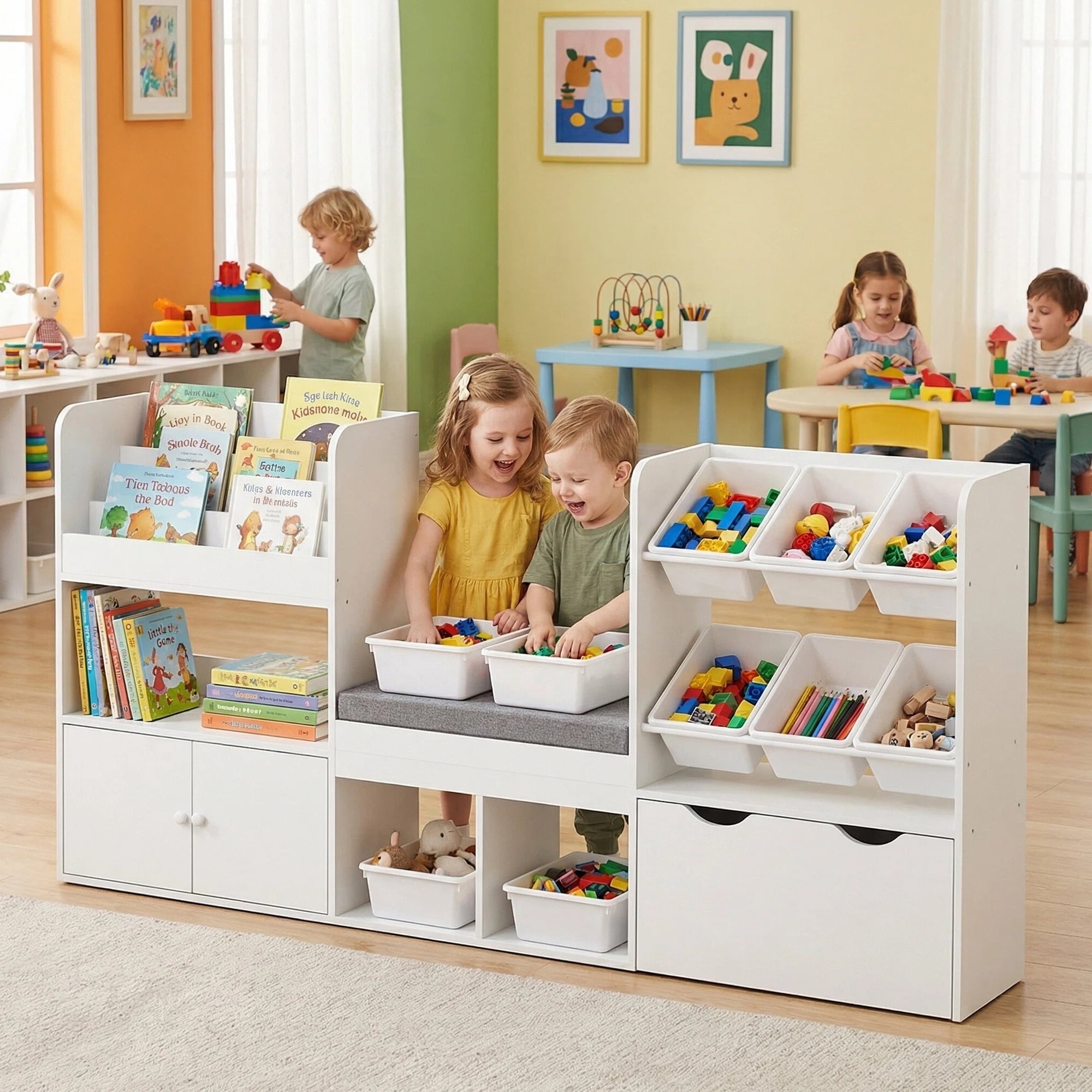 Reasea Kids Bookshelf with Reading Nook & Storage Bench, 73 Inch Toy Organizer with Movable Drawer & 6 Removable Bins, Montessori Reading Corner Furniture for Playroom & Bedroom