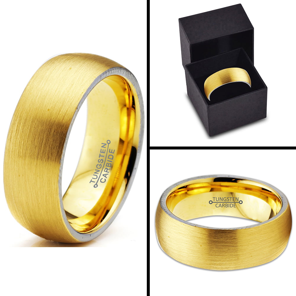 Tungsten Wedding Band Ring 8mm for Men Women Comfort Fit 18K Yellow Gold Plated Dome Brushed Polished