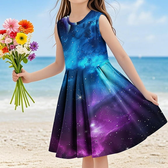 SGFCWSX Girls Sleeveless Dress Crew Neck Soft A-Line Print Summer Party Dresses for Kids Multicolor Size 5-6 Years