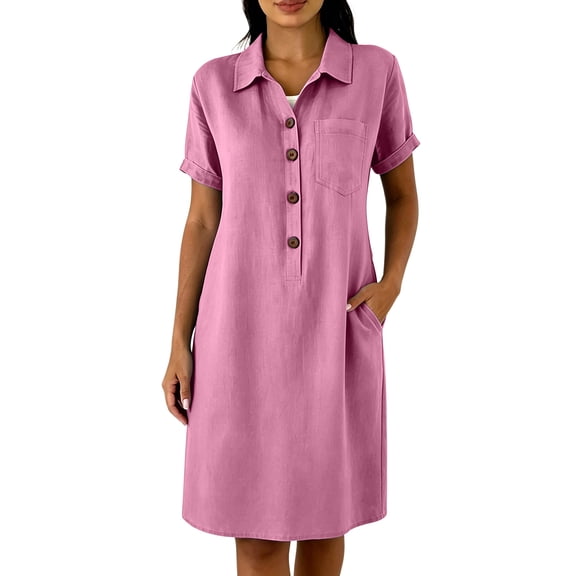 Ygbgbb Women Lapel Collar Linen Blend Midi Dress, Short Sleeve Half‑Button Front Tunic Dress with Side Pockets for Summer Vacation and Daily Casual Outfits Pink XXL